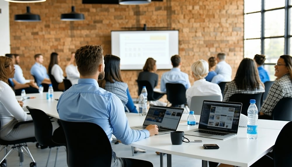 Corporate training session with professionals engaging in leadership development activities